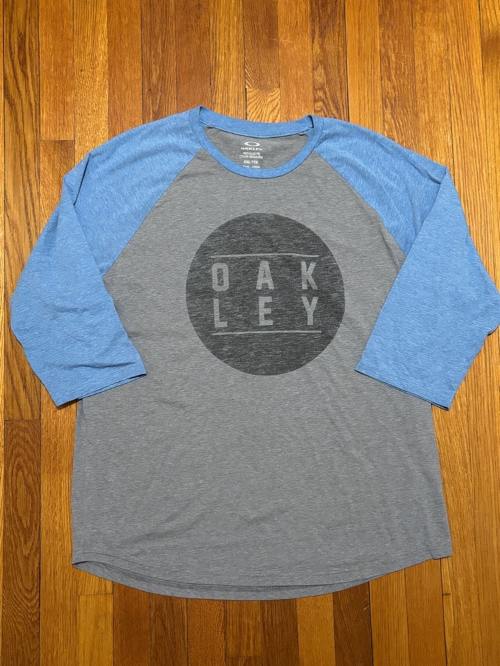 Oakley Gray Body Blue Sleeve Raglan Baseball Tee